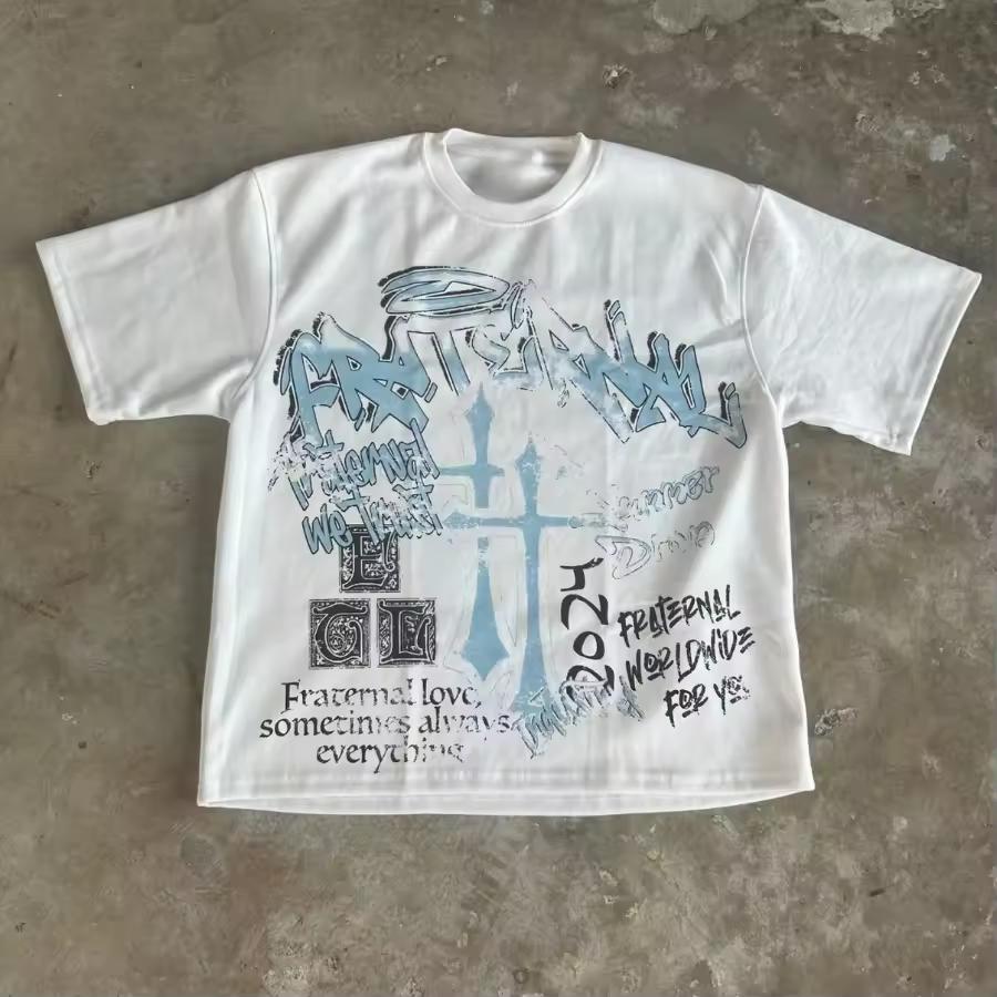 Vintage Fraternal Double Cross Graphic Cotton T-shirt Men Y2K Summer Short Sleeves Oversize T-shirt Streetwear Women Tee Tops