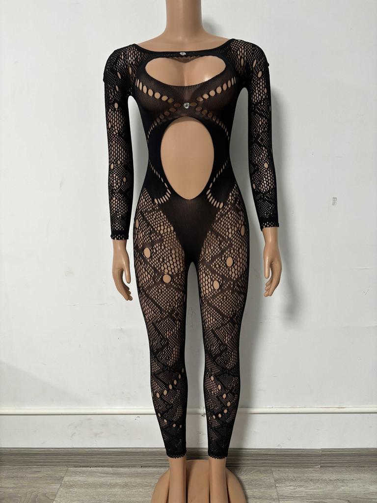 Benqian эротичный однотонный комбинезон с круглым вырезом, кружевной, с вырезами, облегающий, с длинным рукавом, для флирта YDT032