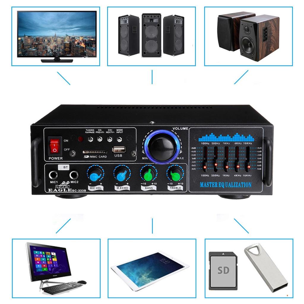 2000W 2 Micphone Bluetooth Stereo Amplifier Surround Sound Mixer 220V FM AUX USB SD AMP Home Cinema Karaoke Remote Control