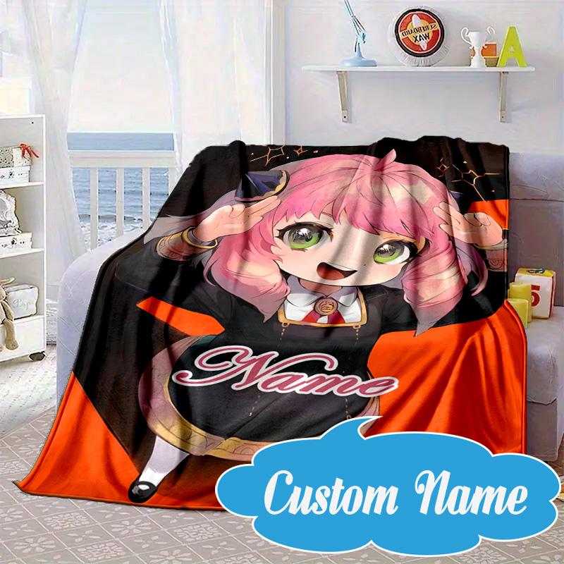 Custom Name Pink Hair Anime Anya Blanket bed sofa Blanket Flannel Blanket for Camping, Hiking, Picnic Essentials,gift for Fan family