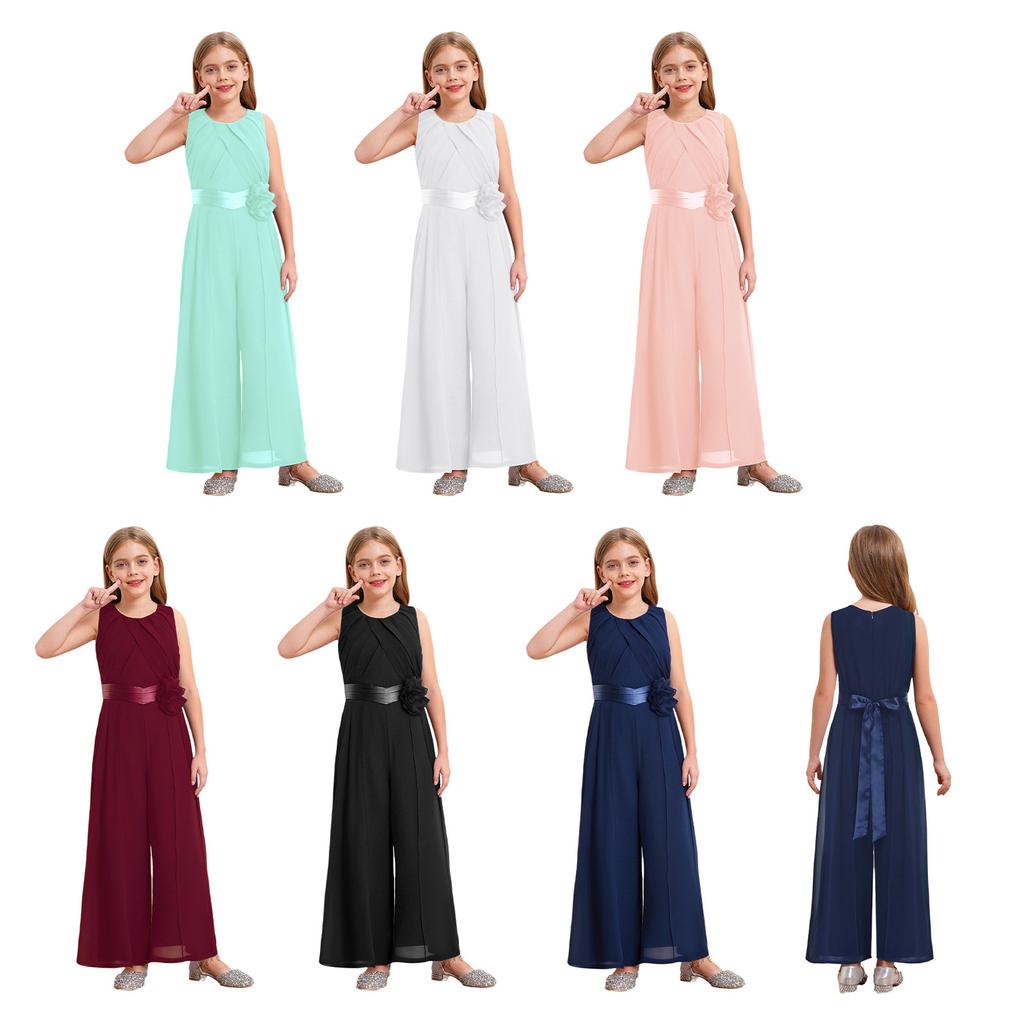 All-in-One Special Occasion Outfit for Girls: Elegant Belted Jumpsuit with Removable Floral Detail, Ready for Any Event