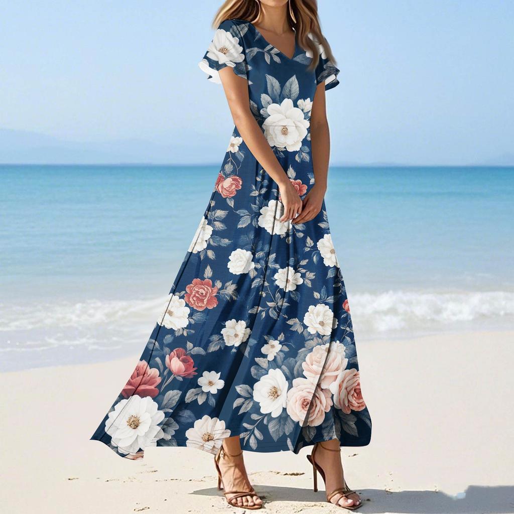 Женские повседневные модные длинные платья с принтом, платья с V-образным вырезом и коротким рукавом