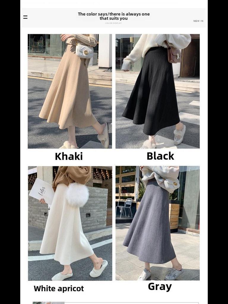 Women's High-Waisted A-Line Wool Skirt with Sweater - Hip-Covering, Slimming, Medium-Length for Autumn/Winter
