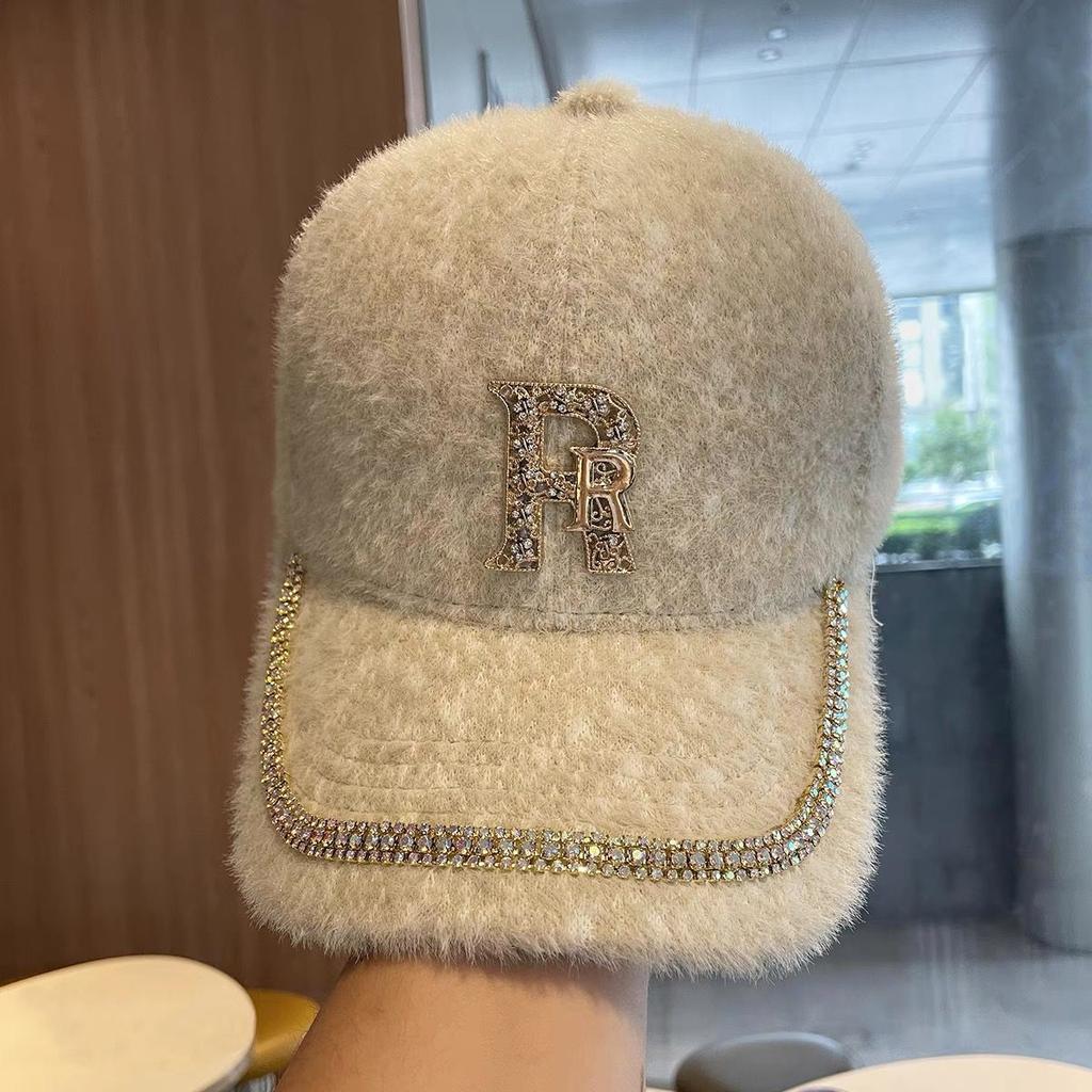 Women's Korean Autumn and Winter Rhinestone Letter Baseball Cap, Outdoor Autumn and Winter Plush Warm Duckbill Cap