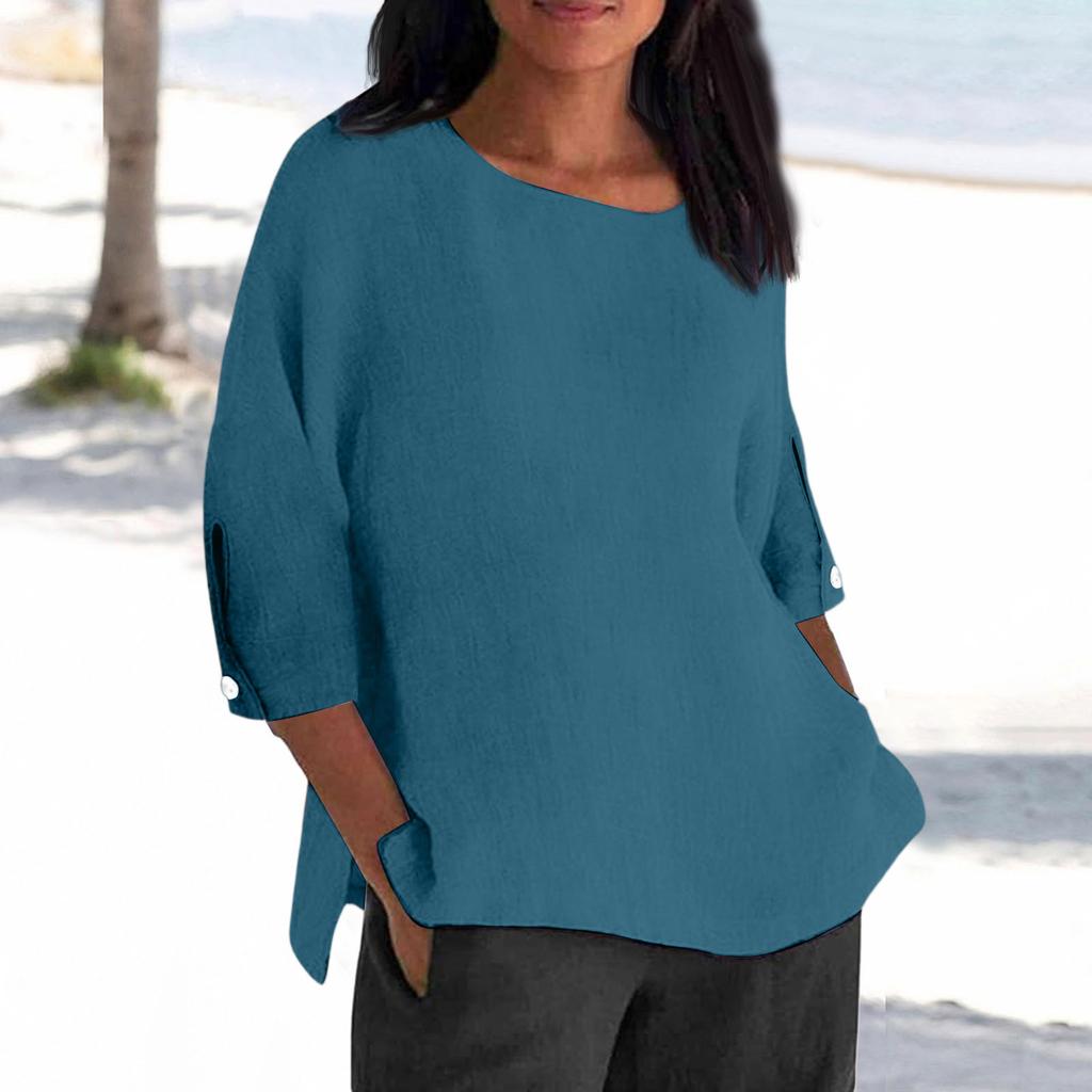 Women's Fashion Seven-Quarter Sleeve Round Neck Solid Color Loose Casual Shirt Tops