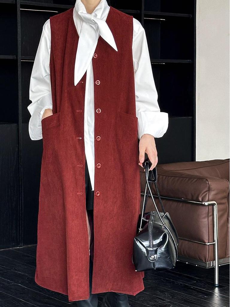 Autumn 2024 Orange Zhi Korean Style Red Single-Breasted Mid-Length Vest with Large Pockets