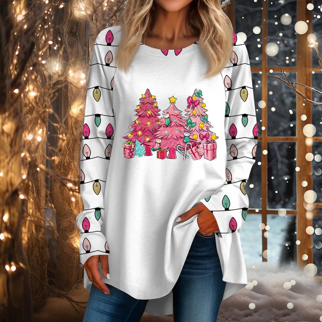 Женская повседневная футболка больших размеров с длинными рукавами и круглым вырезом с рождественским принтом, топ, пуловер