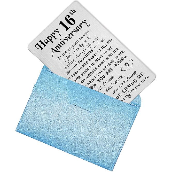 Поздравительная открытка TANWIH к 16-й годовщине для жены - 16 лет позади, впереди вечность - Подарок для нее, Женщинам, Гравированный металлический кошелек