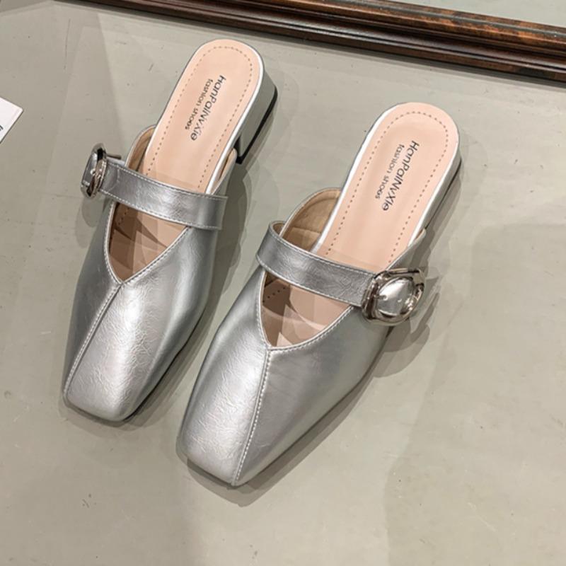 Fashion Low Heel Sandals Spring New Square Head Shallow Mouth Metal Buckle Soft Sole Anti-slip Wear-resistant Slippers