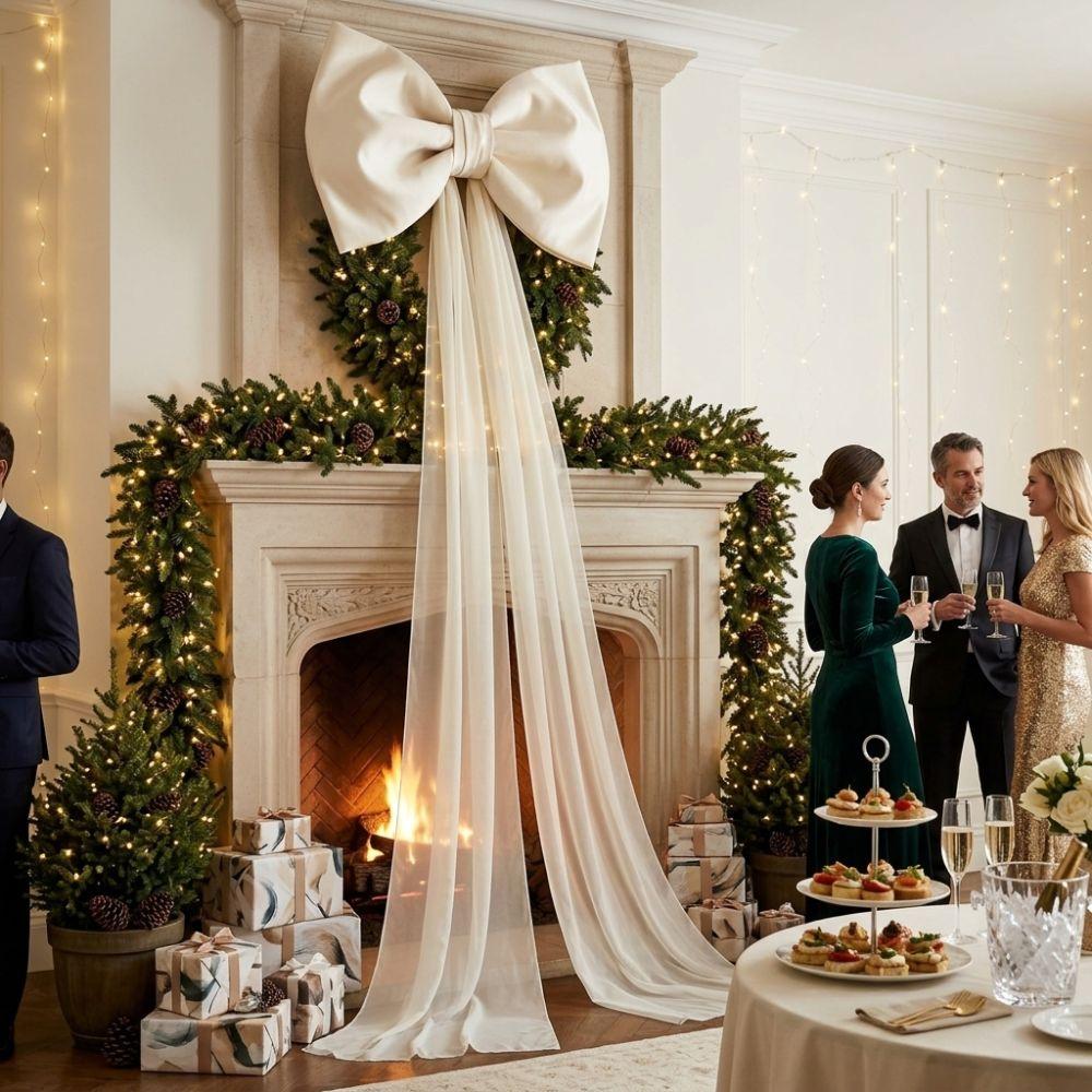 Long Tulle Drapes Christmas Tree Topper Bow Soft Velvet Tree Decorations Bow Home Table