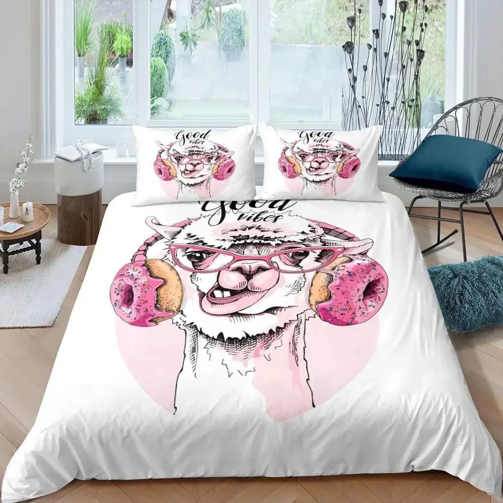 Cute Cartoon Alpaca Llama Cactus Print Duvet Cover Set Full Size, Alpaca Bedding Set Botanical Animal Comforter Cover,Multicolor