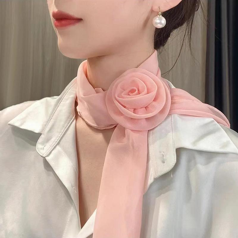 Rose Flower Silk Scarf Versatile Soft Neckerchief For Women Girls Temperament Long Ribbon Tie Scarf Office Clothes Gifts