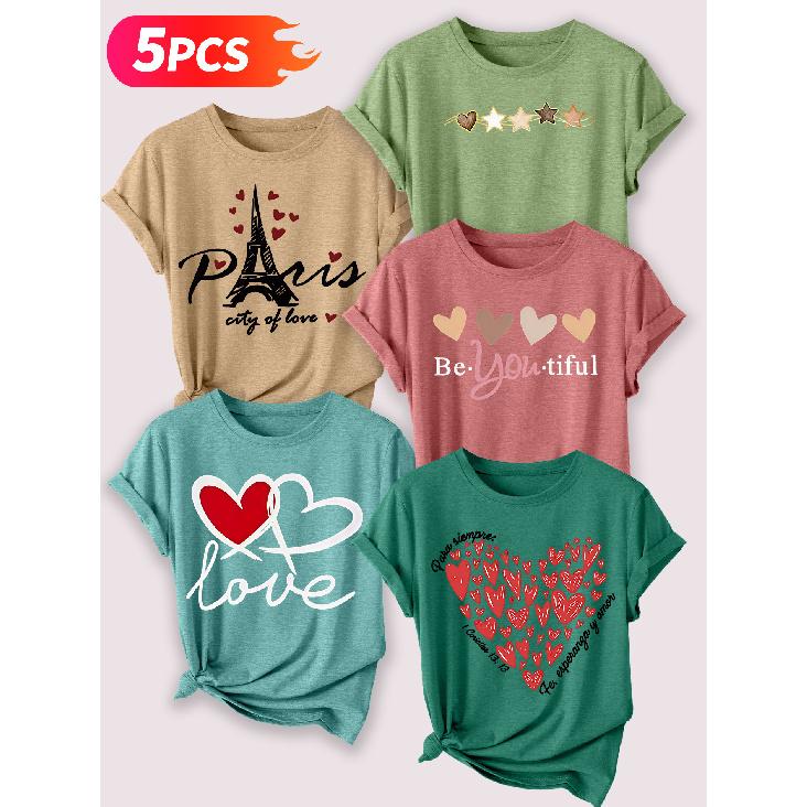Follow a specific direction Five-piece set for women T Shirt Romantic Heart Paris Theme Print Summer Casual Elegant Women's Clothing Short Sleeve Top