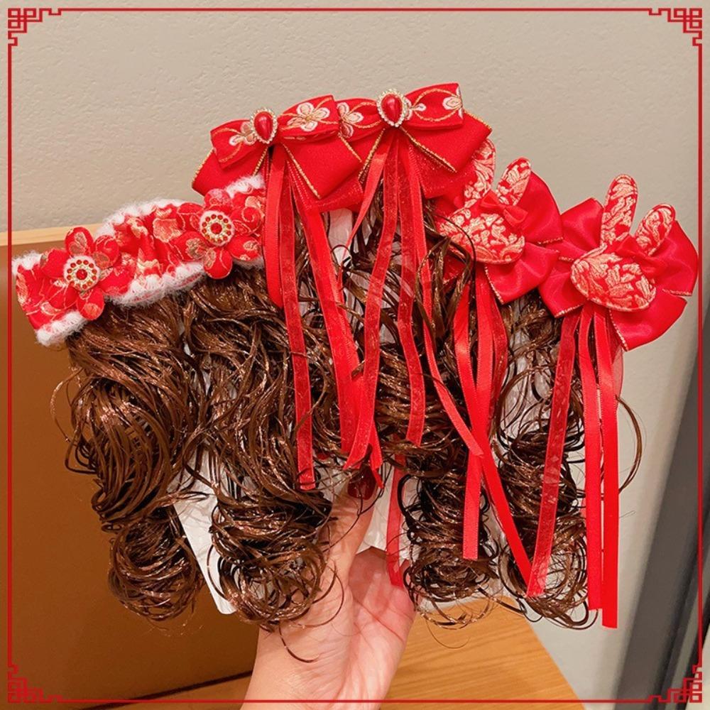 2 шт. детский парик-бантик в китайском стиле, вьющиеся волосы, красная заколка-бантик, новогодняя праздничная