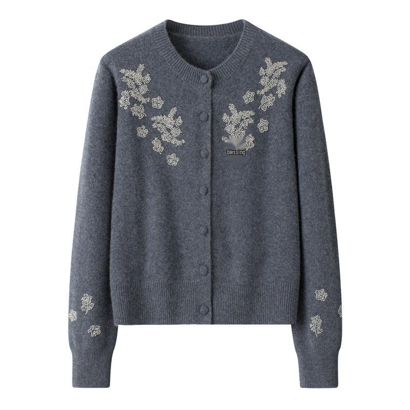 Женский толстый кашемировый кардиган на пуговицах, с ручной вышивкой бисером и вышитыми деталями