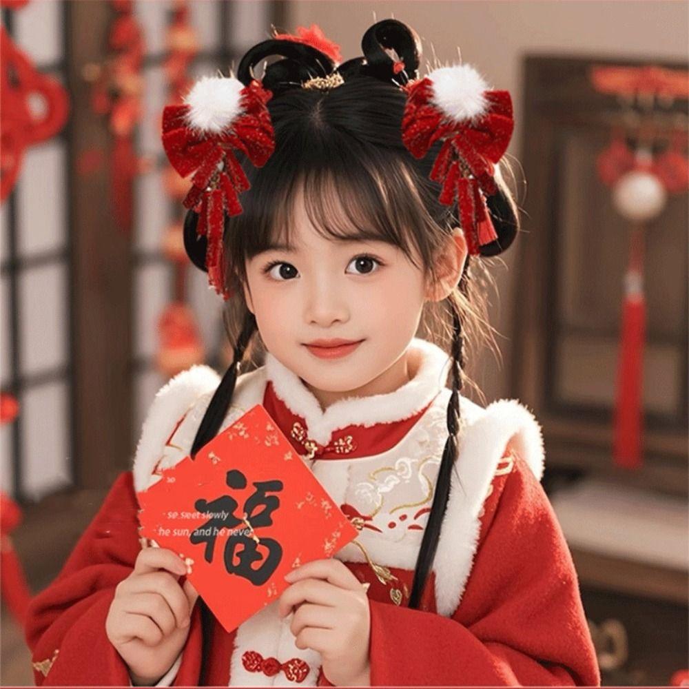 Red Children Bow Wig Hairpin Tassels Hanfu Hair Sticks Sweet Chinese New Year Headwear Baby