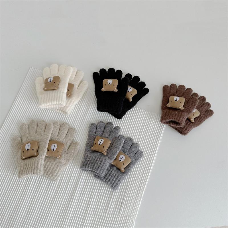 Cute Bear Baby Winter Gloves Solid Color Knitted Full Finger Gloves Kids Boys Girls Outdoor Warm Mittens