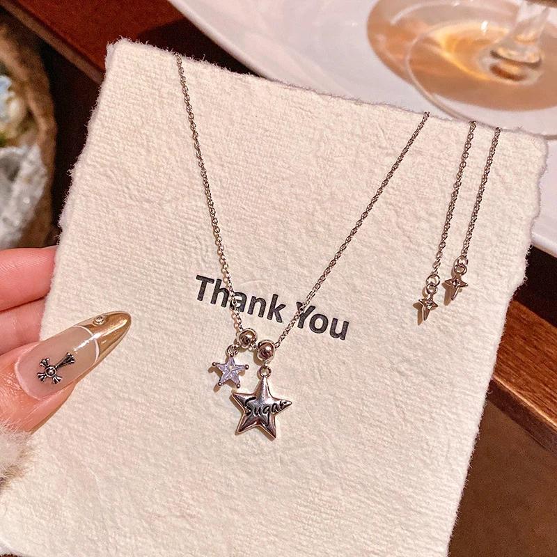 Stainless Steel Zircon Star Pendant Necklace for Women Exquisite Sweet Slider Necklace Vintage Casual Versatile Jewelry Gift New