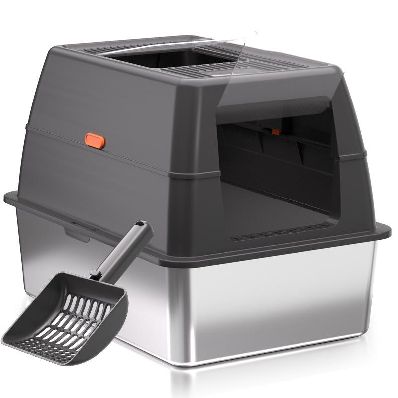 Stainless Steel Cat Litter Box with Anti-Splash Top-Entry Lid, Sizes S-XXXL.