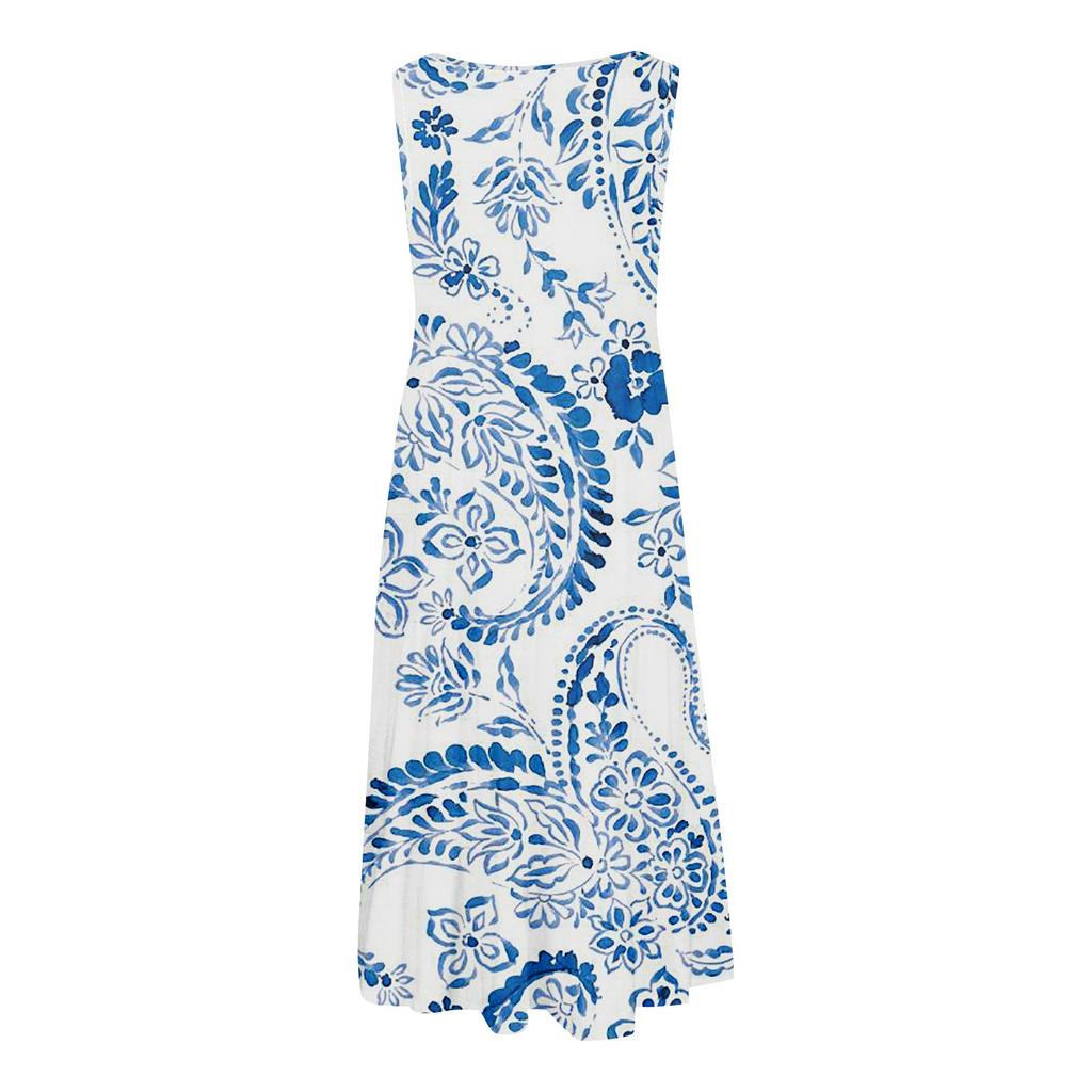 Женские платья-жилеты Лето-весна Плиссированные богемные платья Симпатичные струящиеся пляжные платья без рукавов Прямая футболка Платья-майки Платья с круглым вырезом