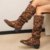 Lucyever Leopard Print Pleated Long Boots Women Slip On Thick Heels Knee High Boots Woman Plus Size Pointed Toe Botas Mujer 43