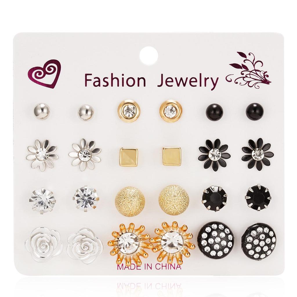 12 Pairs of Zircon Stud Earrings: Pearl, Flower & Bow Designs