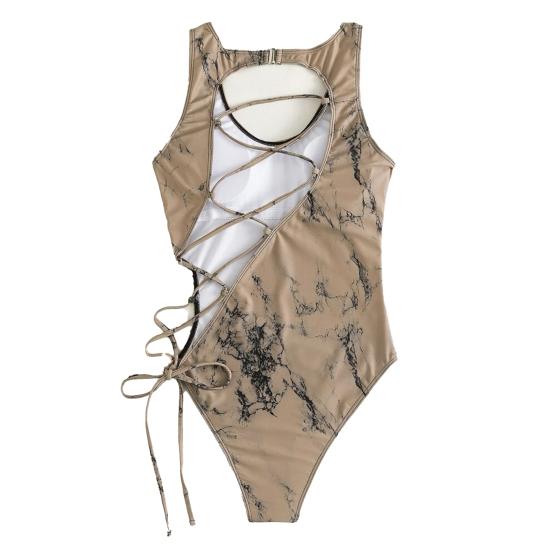 Women Monokini Floral Print Solid Color Hollow Out Multi Straps Lace