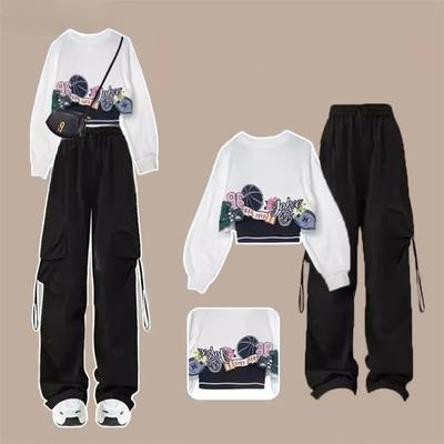 Женский свитшот с цветочным принтом на весну и осень, брюки в стиле сафари, одинаковые комплекты, женские повседневные укороченные топы, жилет, брюки, наряды