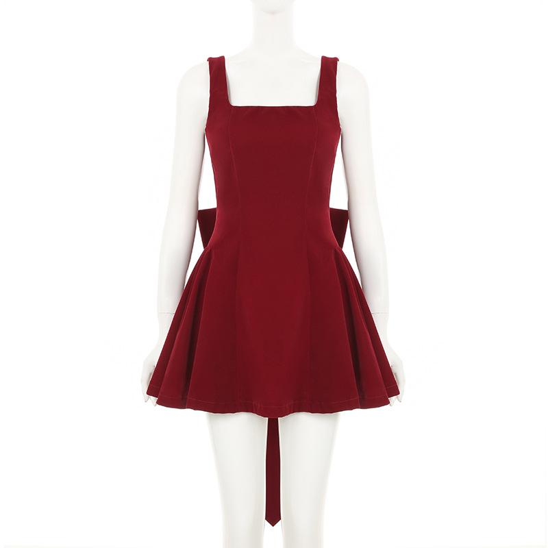 Женское ретро-платье с красным квадратным воротником и бантом на талии, утягивающее, темпераментное, с открытой спиной, сексуальное, жилетное платье
