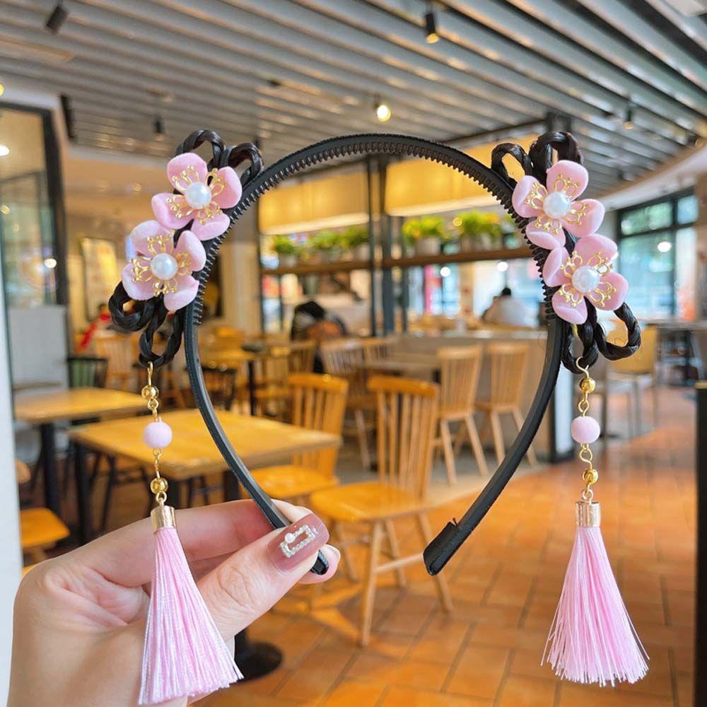 Elastic Cute Girls Pearl Bow Pigtail Wig Flower New Year Headress Children's Headband Chinese Style Hair Band Hanfu Hair Hoop