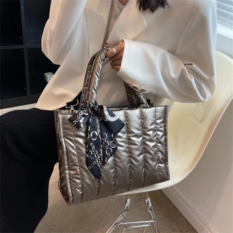 Elegant Women's Totes Bags with Silk Scarf Accent Winter Quilted Crossbody Bags for Women Casual Solid Color Padded Shoulder Bag