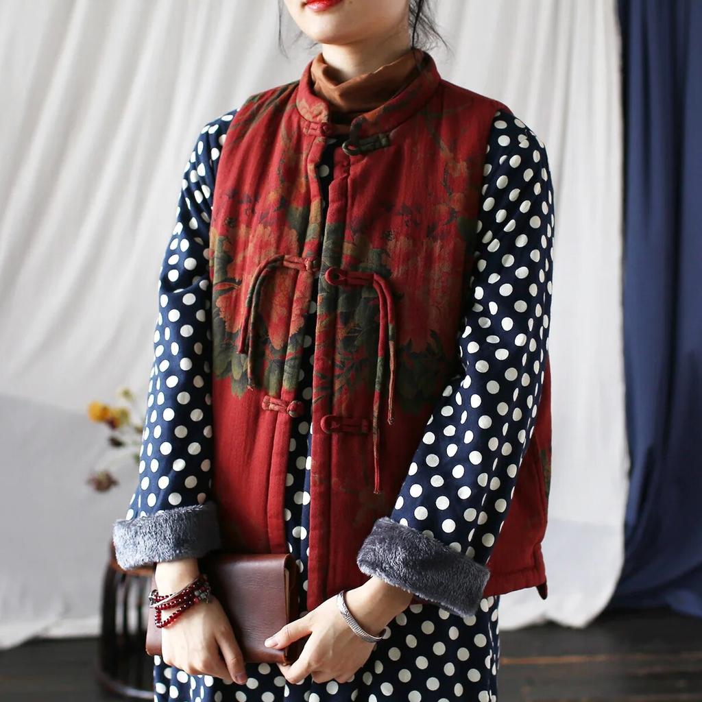 Johnature Женские винтажные красные жилеты с цветочным принтом, пальто со стойкой, теплая хлопковая одежда, осенние жилеты на пуговицах в китайском стиле, пальто