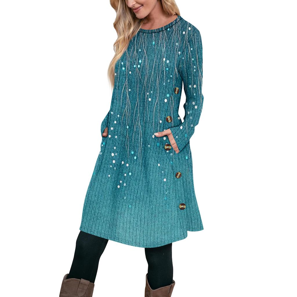 Женское модное повседневное платье-туника с длинным рукавом и карманами, платье с боковыми пуговицами