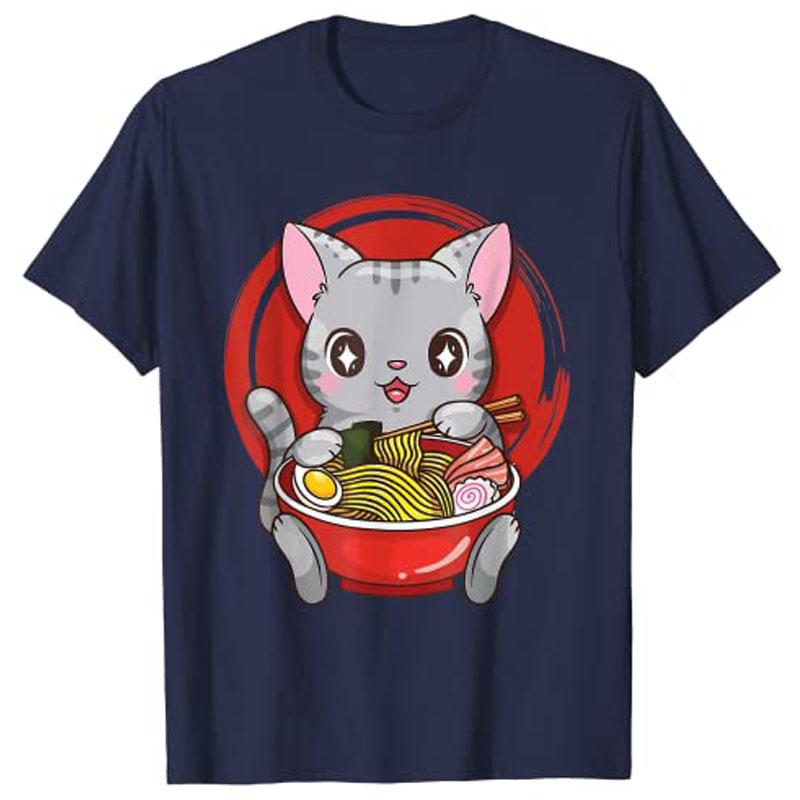 Официальная футболка для подростков RaUnisex с кошкой из аниме Kawaii Neko для японских девушек, одежда в стиле Харадзюку Y2k, котенок ест лапшу, новинка, милая футболка