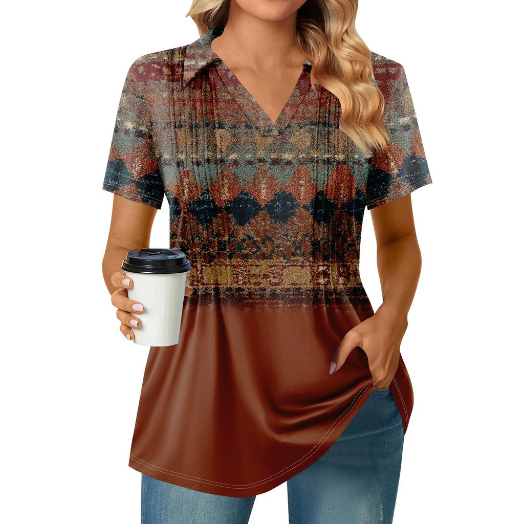 Женские футболки с коротким рукавом, плиссированные, с V-образным вырезом, с принтом, с воротником, летние топы, модные, деловые, повседневные, рабочие