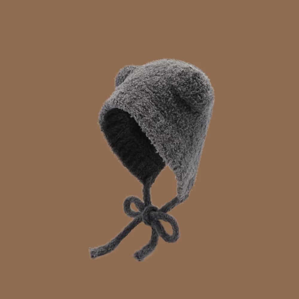 Cute Y2k Bear Ear Wool Hat With Rope Ear Protection Knitted Bomber Cap Lace up Warm Winter Hat