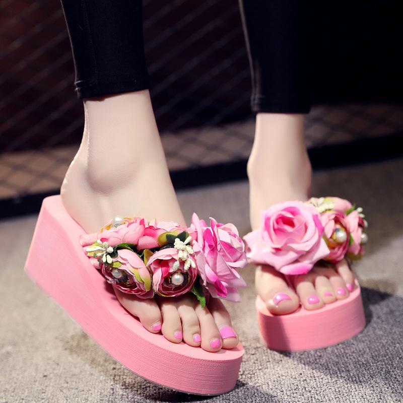 Fashion Platform Sandals 2024 Summer Fashion Women Flip Flops Wedge Beach Slides Flower Pearl Ladies Outside Thick Sole Bohemian Sandals