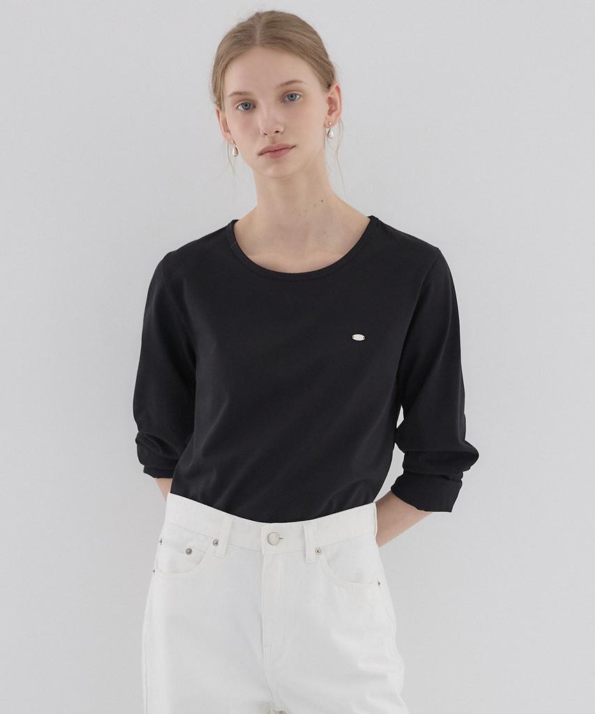 OURHOPE Logo Silky Round Neck Sleeve T-Shirt - Black