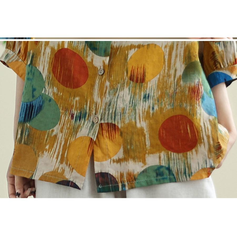 Летний топ для женщин, тонкая хлопковая льняная блузка с лацканами, рубашка с короткими рукавами и заниженными плечами, свободная рубашка с художественным принтом