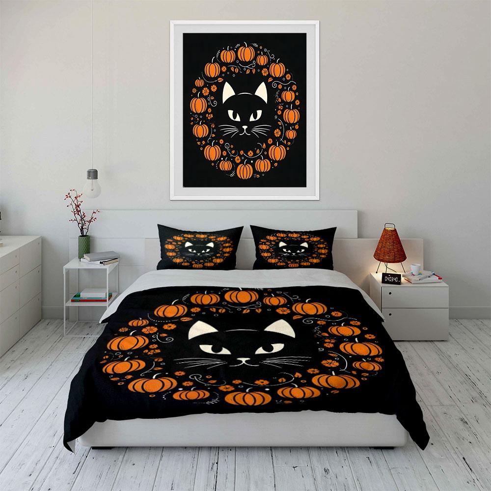 Halloween Cat Pumpkin Wreath Set  kid's and adults' bedroom decor, Exquisite three-piece bedding set gift