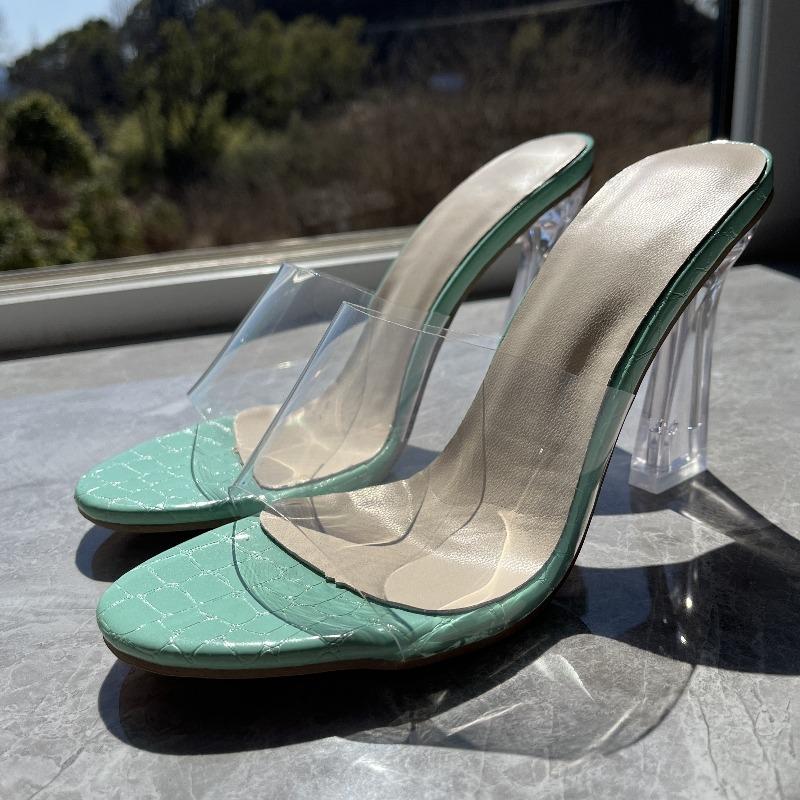 Женские туфли на высоком каблуке, летние бохо-стиль, сандалии с круглым носком и неглубоким ртом, модные прозрачные женские тапочки с открытым носком, большого размера