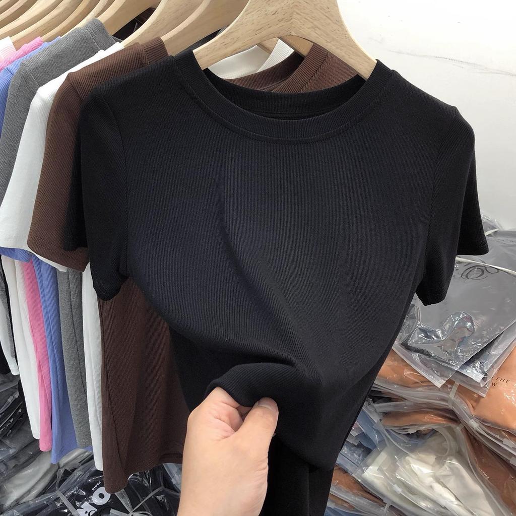 Summer 2025 Women's Slim Fit Round Neck Short Sleeve T-Shirt - Versatile Solid Color Top