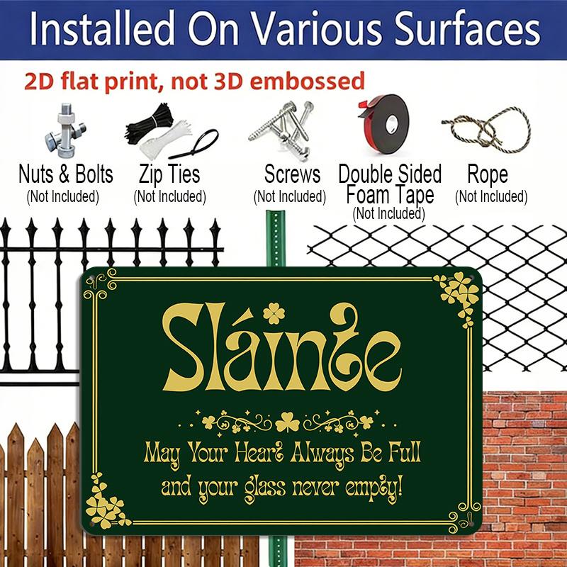 2D Flat Alexia Grace St. Patrick's Day Metal Sign "Slainte" Irish Blessing, Shamrock Amp; Clover Design, Vintage Wall Decor for Home, Cafe, Bar
