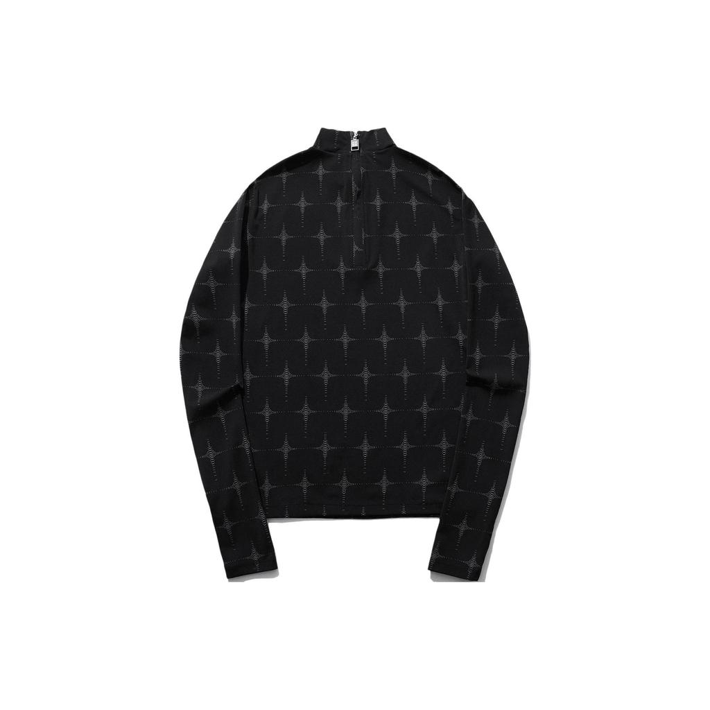 Li Ning Пуловер с полным принтом букв, воротником-стойкой, облегающий, с длинным рукавом, со спущенным плечом, женский топ, черный AUDU022-2