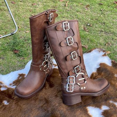 Зимние ботинки до середины икры в стиле ретро для женщин, осенние туфли на платформе с круглым носком для женщин, туфли на каблуке, ботинки с ремешком и пряжкой, ботинки на блочном каблуке