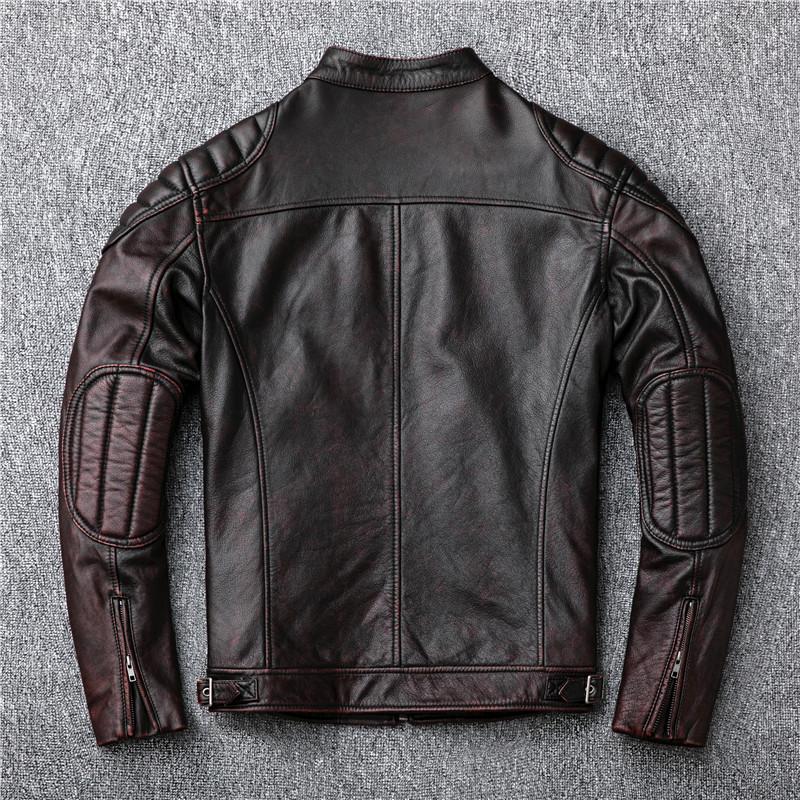 Мужская куртка из воловьей кожи первого слоя, кожаная куртка с воротником-стойкой в ​​стиле ретро, ​​красный, коричневый