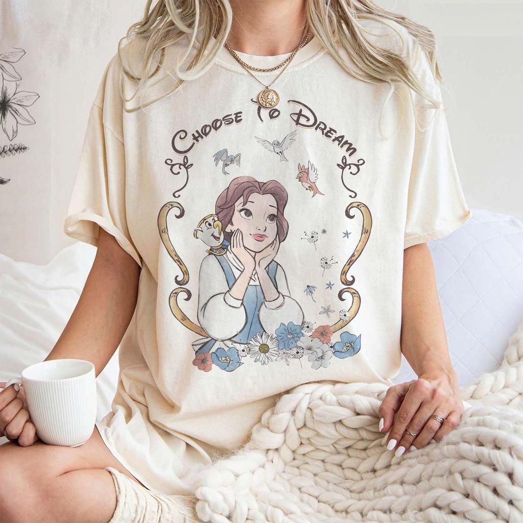 Womens Retro Princess Belle TShirt Cotton Short Sleeve Unisex Streetwear Oversized Loose Casual Stylish