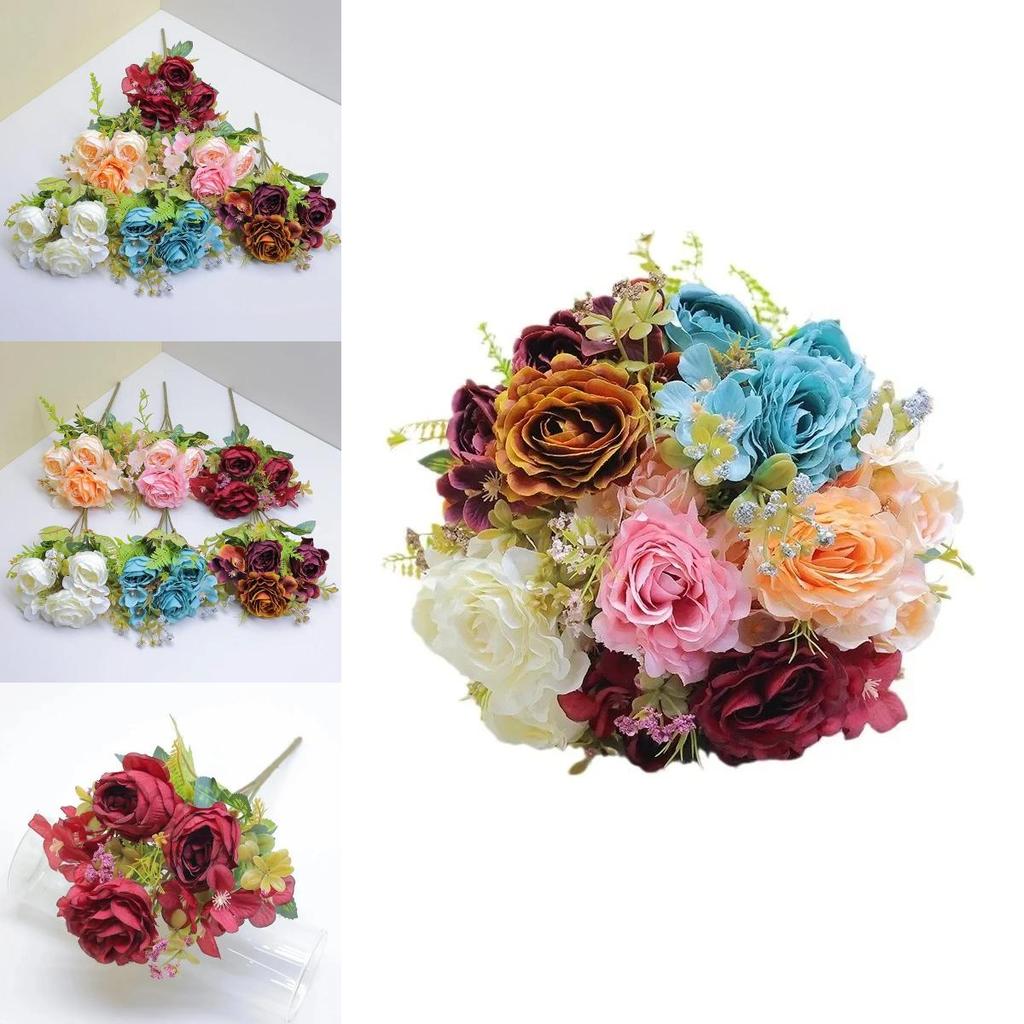 Винтажный европейский букет из искусственных цветов с шелковыми розами и гортензией макрофиллой для свадебного декора и домашнего стайлинга