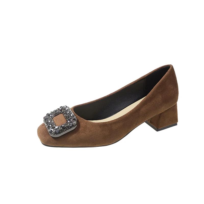 2024 Woman Square Toe Square Buckle Shoes Rhinestone Shallow Mouth High Heel Female Shoes Elegant French Suede Shoes