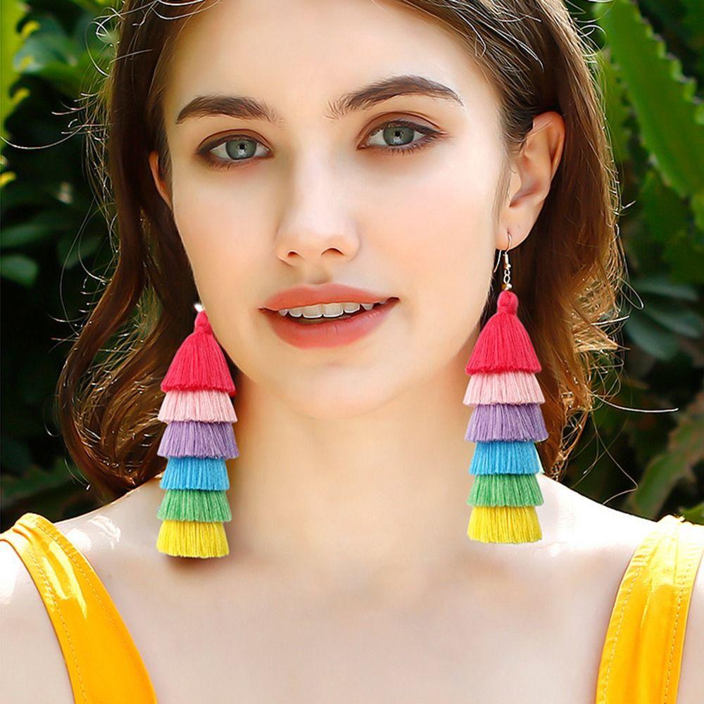 Rainbow Layered Long Drop Dangle Earrings Lightweight Trendy Pride Jewelry  Gift